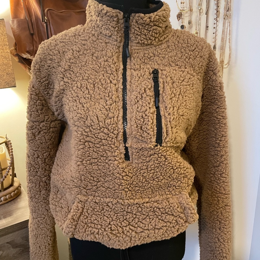 Teddy Half Zip Mock Neck Cinch Waist Pullover
